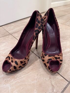 Alexander McQueen Leopard Print Peep-Toe Heels with Burgundy Trim